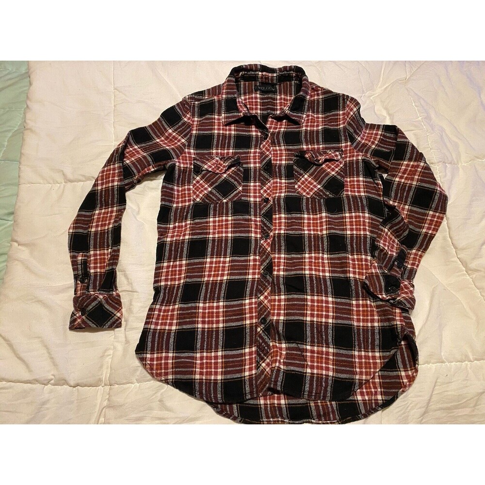 y2k Volcom Mens small Flannel Shirt Rust Red & Black Check Plaid L/S